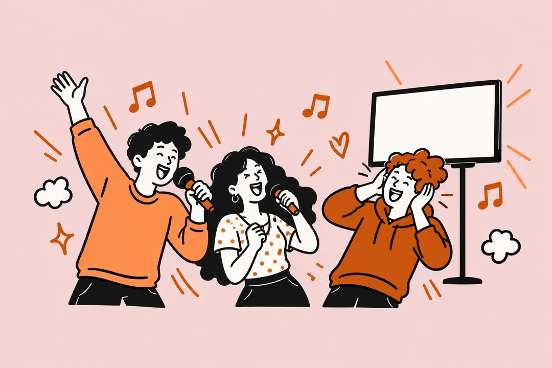 Three friends singing into microphones in front of a screen, drawn in one line