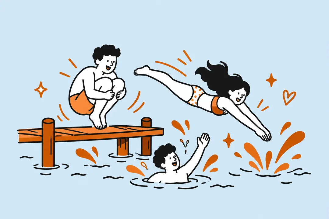 Three friends jumping off a jetty into the water, drawn in one line