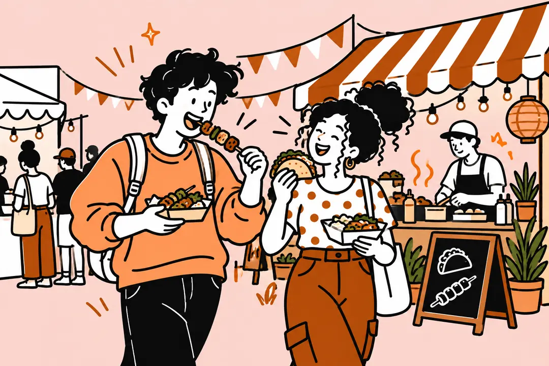 Two friends eating skewers and tacos between market stalls, drawn in one line
