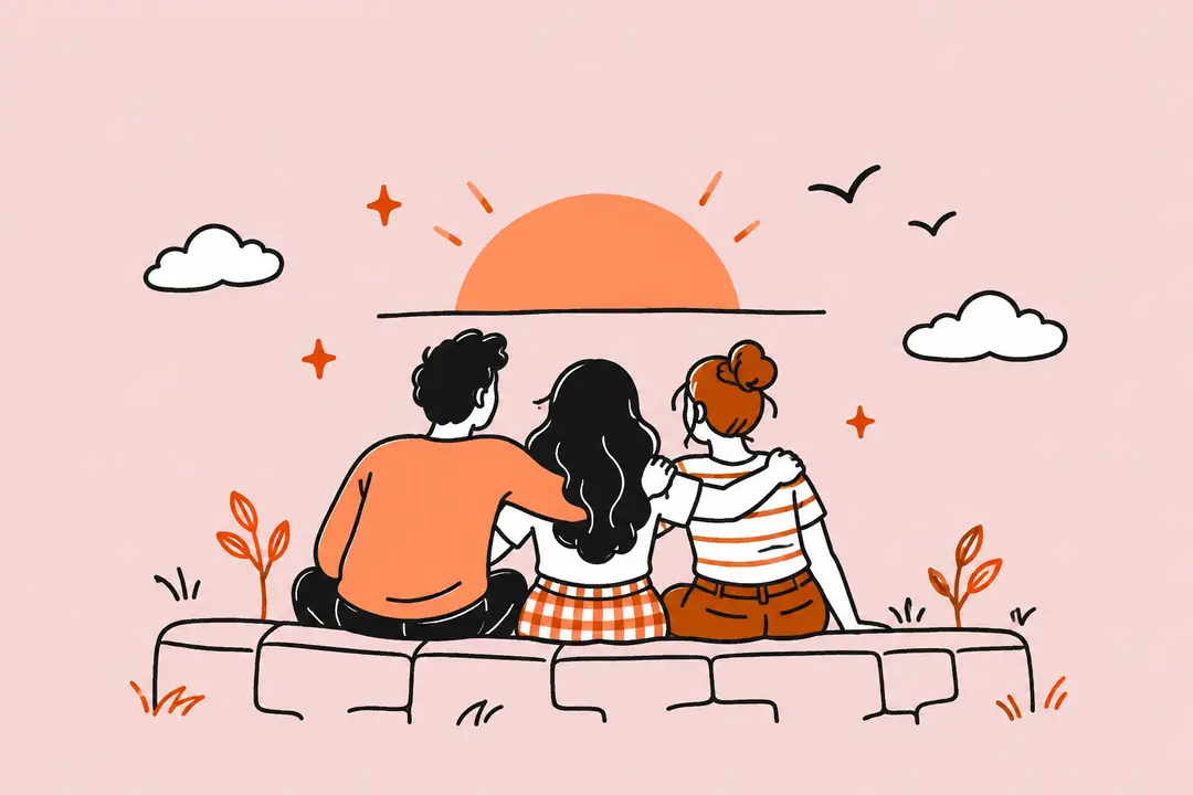 Three friends on a stone wall watching the sun go down, drawn in one line